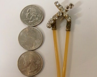 Hair Stick Fork Vintage Celluloid Rhinestones Metal 3 & 3/4 Inches Long X 1 Inch Wide Good Condition