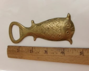 Brass Fish Bottle Opener Distressed  Age Spots Vintage 4.5 Inches Long 1 & 3/4 In Wide