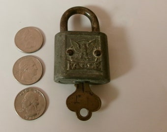 Old Lock With Key Eagle Brand Vintage Heavy Aging Functional Made in U.S.A. 2.5 In Tall X 1.5 Inches Wide