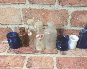 8 Mini Bottles Vintage Different Sizes Colors Shapes 2 R Salt/ Pepper Set 1 Pitcher Some Distressing Plz Read Description C Pics