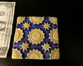 1 Sun Tile Vintage Rustic Yellow And Blue Good Condition 4 X 4 inches Ceramic