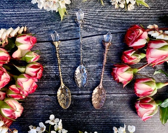 Witches Tea Spoons~Tea time, Altar tools, Witchcraft tools, witchcraft oil, witch oil, crystal spoon, crystal tea strainer, witch tea occult
