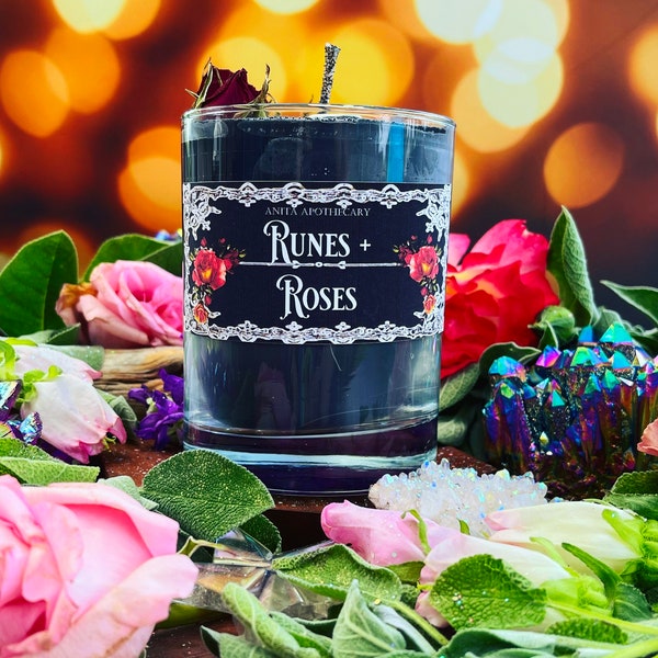 Runes + Roses ~ Rune candle, Anita Apothecary, Witches spell candle, spell candle, witches runes, witchcraft candle, rose candle, bone runes