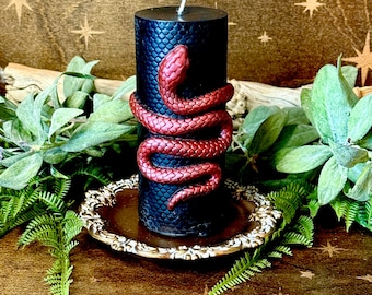 May include: Black pillar candle with a red snake wrapped around it. The candle is on a gold decorative plate. The background is a brown surface with gold stars.