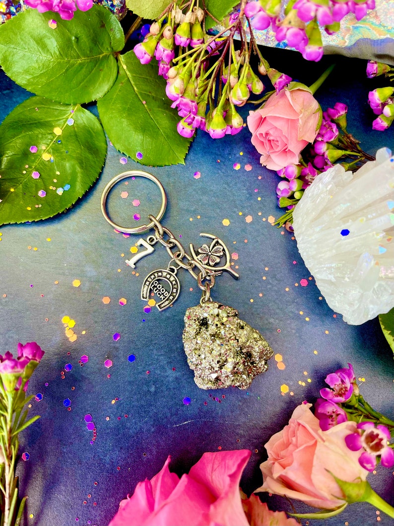 Pode incluir: Um chaveiro de prata com uma ferradura, um trevo de quatro folhas e um pequeno cristal de rocha. Os pingentes est&atilde;o presos a um anel de chave de prata. O chaveiro &eacute; rodeado por flores cor-de-rosa e glitter iridescente.