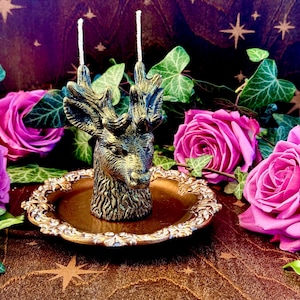 Golden Stag Witch Beeswax Candles | Anita Apothecary, Stag Male Witch Candle, Yule Witch candle, Victorian witches candle, Victorian decor