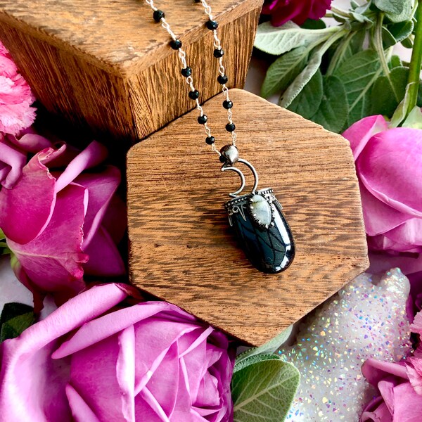 Onyx + Labradorite Moon Dark moon Necklace ~ Anita Apothecary, Crystal moons, moon necklace, aura jewelry, Celestial jewelry, witch Jewelry
