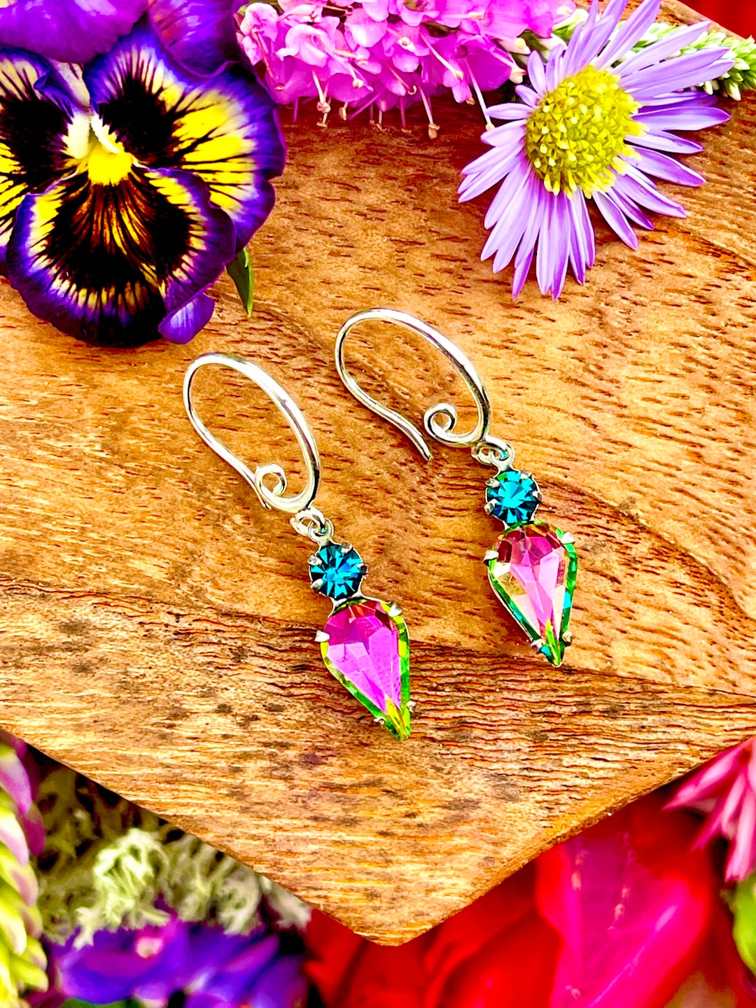 Vintage Crystal Earrings~ Anita Apothecary, Cottagecore, Cherry Blossoms, Botanical Jewelry, Vintage Witch, Witch jewelry
