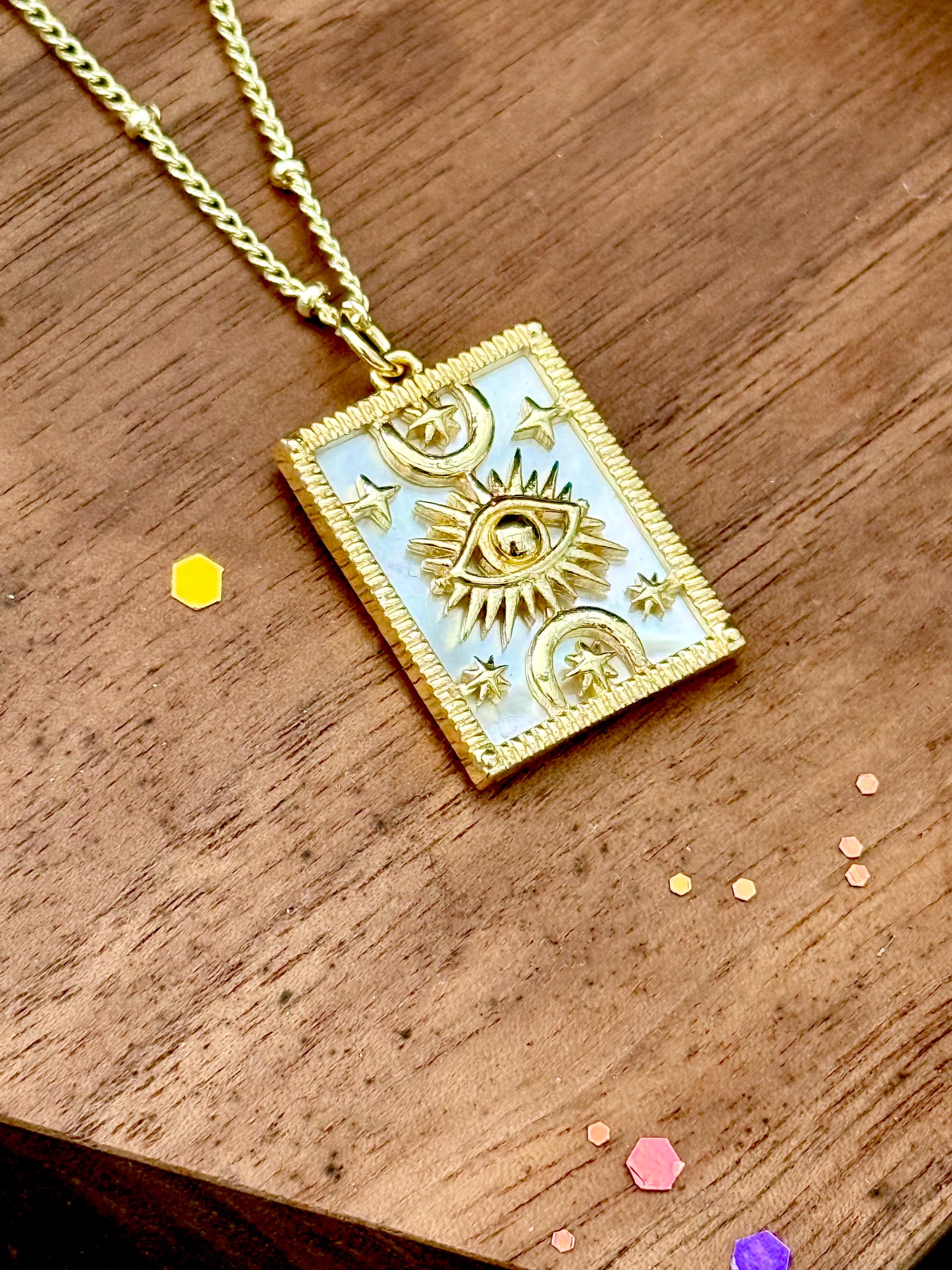 Fortune Tellers Charmed Gold Necklace ~ Anita Apothecary, witch jewelry, gold filled charms, luck charms, Tarot charms, Tarot Card jewelry