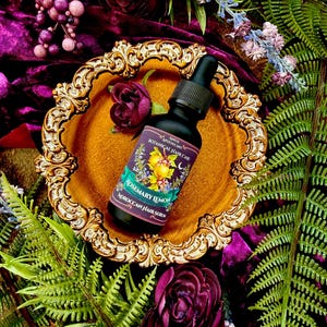 Pode incluir: Um frasco preto de s&eacute;rum capilar marroquino Rosemary Lemon da Anita Apothecary com conta-gotas, colocado numa bandeja dourada ornamentada. A bandeja &eacute; rodeada por veludo roxo, flores e fetos verdes. O r&oacute;tulo apresenta ilustra&ccedil;&otilde;es bot&acirc;nicas.