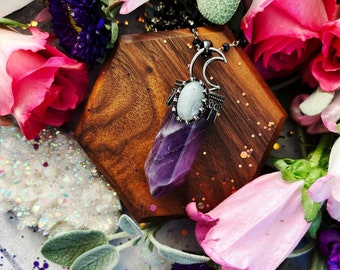 Onyx and Amethyst Moon Necklace | Anita Apothecary, Crystal moons, moon necklace, aura jewelry, Celestial Moon jewelry, witch Jewelry
