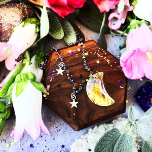 Snow Moon Aura Necklace ~ Anita Apothecary, Crystal moons, moon necklace, aura jewelry, crystals Swarovski elements, Celestial jewelry