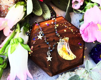 Snow Moon Aura Necklace ~ Anita Apothecary, Crystal moons, moon necklace, aura jewelry, crystals Swarovski elements, Celestial jewelry