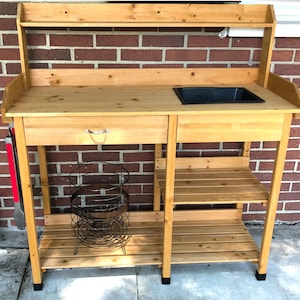 Outdoor Potting Table With Shelving Storage , Wooden Storage Cabinet with Adjustable Shelf, Handmade Patio Garden Furniture and Bench