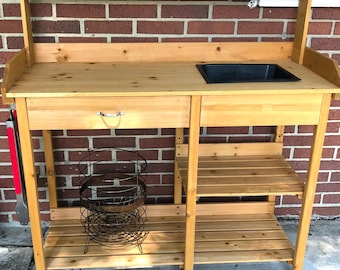 Outdoor Potting Table With Shelving Storage , Wooden Storage Cabinet with Adjustable Shelf, Handmade Patio Garden Furniture and Bench