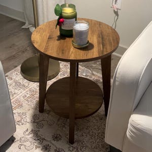 Small Round End Wooden Side Table with Lower Shelf, Rustic Walnut Side Table for Living Room or Bedroom