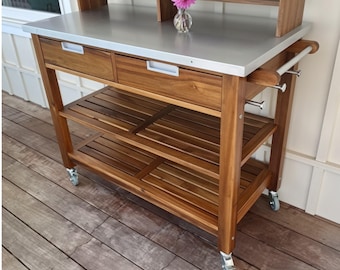 Acacia Potting Bench & Kitchen Cart on Wheels | Stainless Steel Top