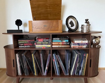 Mid Century Modern Round Record Player Stand with Charging Station & USB Ports，Record Storage Cabinet For Living Room