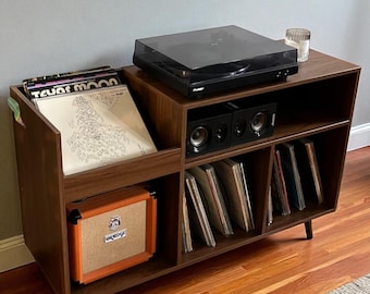 Record Player Stand with USB Charging | Mid-Century Turntable Table | Vinyl Record Storage Cabinet Holds 300 Albums