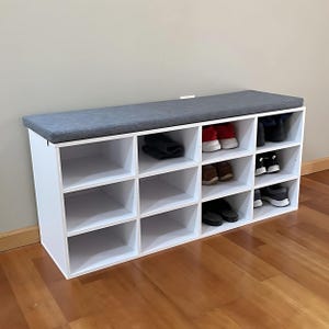 Rustic Farmhouse Shoe Storage Bench with Cushion | Cubby Shoe Rack Organiser | Adjustable Shelves for Entryway, Mudroom, Hallway, Closet