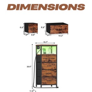 May include: A brown wooden cabinet with black metal accents and five drawers. The cabinet has a glass top with a green light inside. The cabinet is 15.7 inches wide, 38.6 inches tall, and 11.8 inches deep.