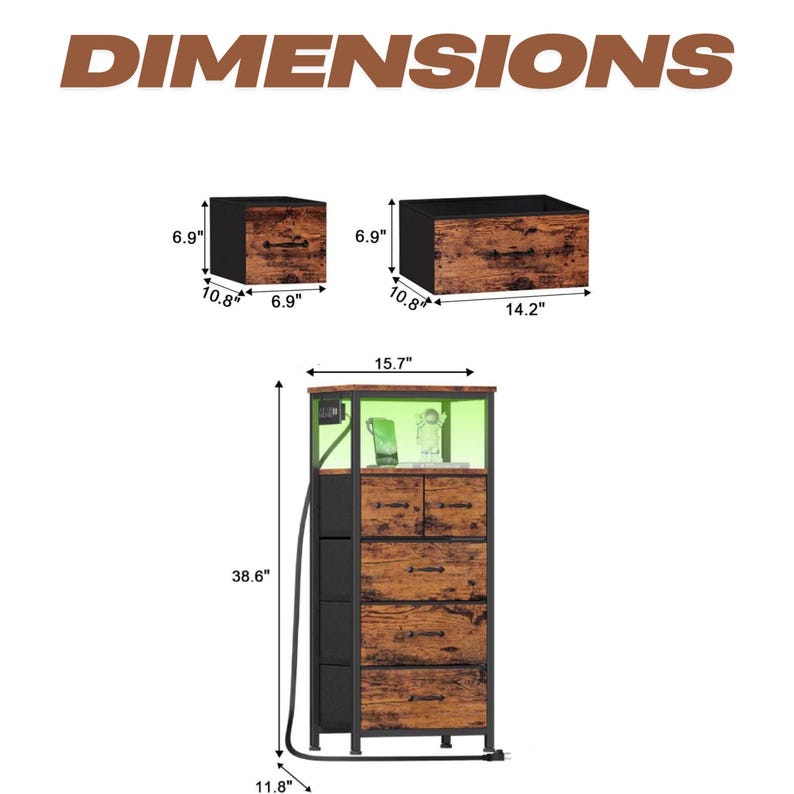 May include: A brown wooden cabinet with black metal accents and five drawers. The cabinet has a glass top with a green light inside. The cabinet is 15.7 inches wide, 38.6 inches tall, and 11.8 inches deep.