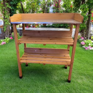Garden Potting Table, Wooden Planting Potting Bench Work Station with Hooks and Shelves , Wooden Storage Cabinet with Adjustable Shelf