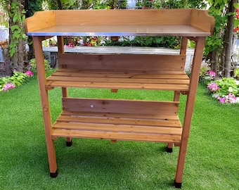 Garden Potting Table, Wooden Planting Potting Bench Work Station with Hooks and Shelves , Wooden Storage Cabinet with Adjustable Shelf