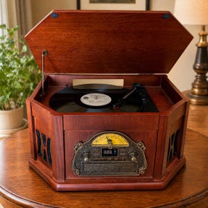 May include: A wooden record player with a hinged lid, featuring a turntable with a vinyl record. The player has a decorative front panel with a digital display and a vintage-style dial. The unit is set on a wooden table.