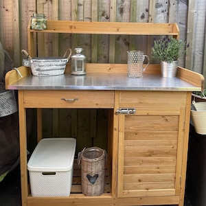 Outdoor Potting Table With Shelving Storage , Wooden Storage Cabinet with Adjustable Shelf, Handmade Patio Garden Furniture and Bench