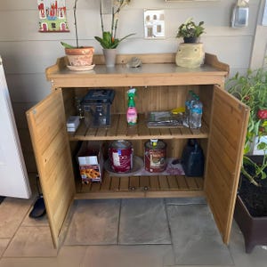 Outdoor Potting Table With Shelving Storage , Wooden Storage Cabinet with Adjustable Shelf, Handmade Patio Garden Furniture and Bench