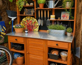 Outdoor Garden Potting Bench, Wooden Workstation Table with Storage Drawer