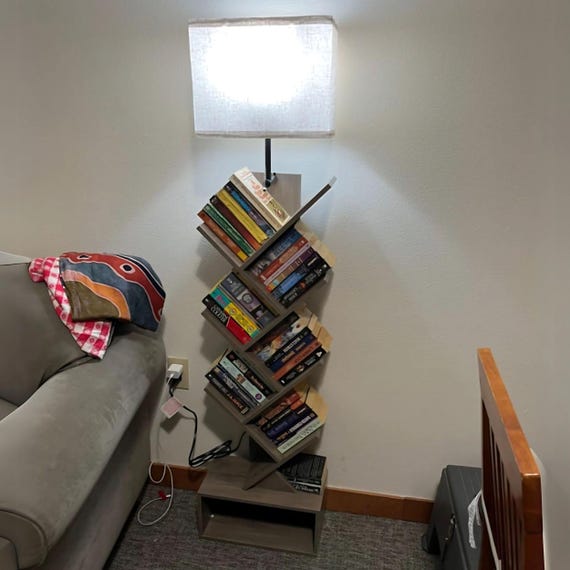 Tree Bookshelf with Light, 6 Tier Small Bookcase, Narrow Floor Organizer for Living Room Storage