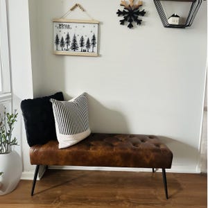 Tufted Leather Bench, Upholstered Ottoman with X-Shaped Wood Legs, Bedroom Bench Seat, Leather Footrest Stool, Solid Wood Indoor Bench