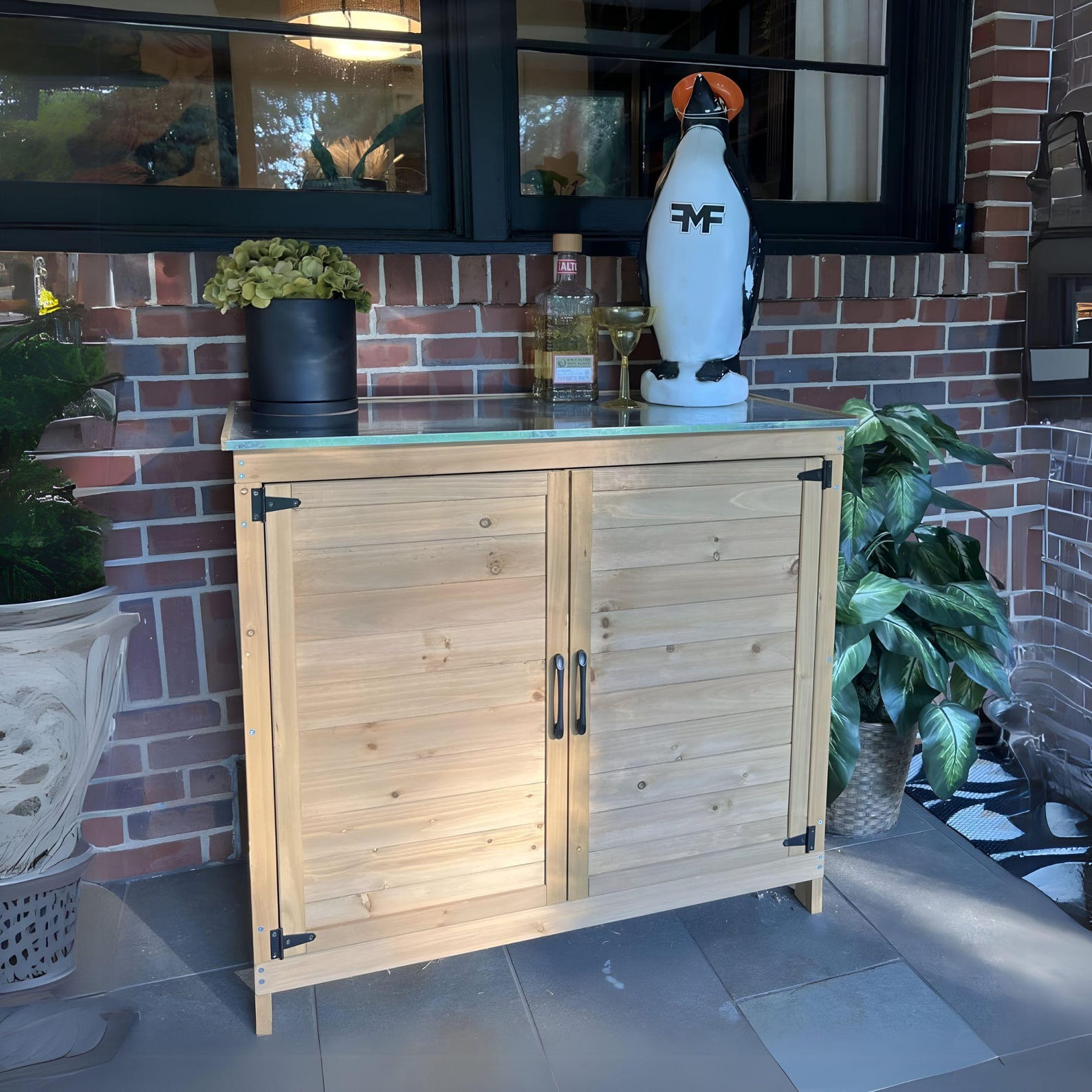 Outdoor Potting Table With Shelving Storage , Wooden Storage Cabinet with Adjustable Shelf, Handmade Patio Garden Furniture and Bench - Natural