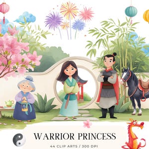 Puede incluir: Ilustración en acuarela con temática de princesa guerrera. La imagen incluye personajes, un caballo negro, un dragón rojo y elementos arquitectónicos asiáticos tradicionales. El texto "WARRIOR PRINCESS" se muestra en la parte inferior, junto con un símbolo de yin-yang.