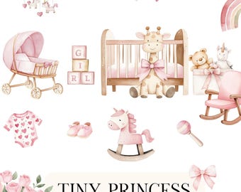 It's a Girl clipart – babyshower meisje clipart, babymeisje aquarel png, pasgeboren gefeliciteerd clipart, baby meisje tekenset,