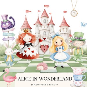 Ensemble de cliparts Alice au pays des merveilles, aquarelle Tea Party, jolie Alice PNG, terrain de croquet de la Reine, conte de fées en téléchargement numérique