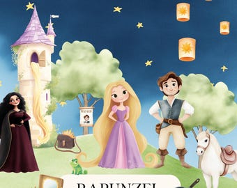 Conjunto de imágenes prediseñadas de acuarela de Rapunzel: paquete PNG de princesa de cuento de hadas (descarga digital)