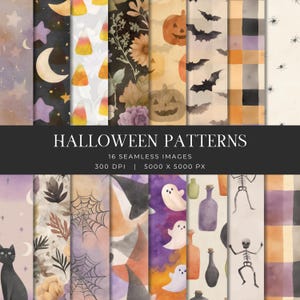 May include: A collection of 16 seamless Halloween patterns. The patterns include images of pumpkins, bats, ghosts, and other spooky designs. The text "Halloween Patterns" is displayed in the center of the image.