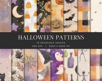 Halloween Seamless Patterns: Watercolor Cats, Ghosts, Pumpkins (PNG Digital Download)