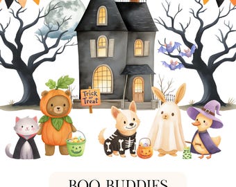 Cute Halloween Clipart Bundle, Cute Monster PNG Graphics, Trick or Treat Animals, Pumpkins, Candy, Balloons, Kids Party, Autumn Stickers