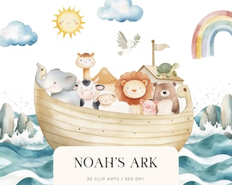 Noaks ark akvarell Clipart, söta djurungar PNG, neutral barnkammardekor, bibelberättelse Clip Art, kristen barnkammarväggkonst, sublimering