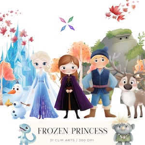 Pacote de clipart fofo de princesa congelada, clipart de berçário PNG, arte de castelo de gelo, decoração de festa de aniversário congelada, gráficos de contos de fadas de inverno para crianças