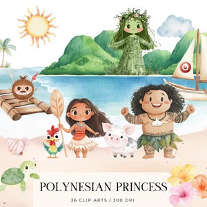 Clipart di Moana in formato PNG, Principessa polinesiana, Maui HeiHei Pua, Clipart di compleanno hawaiano, Decorazioni murali per la cameretta dei bambini, Uso commerciale per feste per bambini