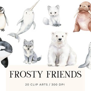 Frostige Freunde Aquarell Clipart Arktis Tiere PNG Süße Winter Wildtiere Digital Download für Kinderzimmerdeko, Einladungen, Drucke, Karten