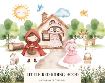 Little Red Riding Hood Watercolor Clipart: Woodland Animals PNG (Digital Download)