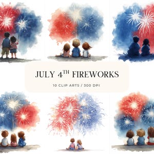 Paquete de 10 imágenes prediseñadas de niños viendo fuegos artificiales en formato JPG. Escena de acuarela del 4 de julio. Arte patriótico de sublimación en rojo, blanco y azul para decoración y manualidades.