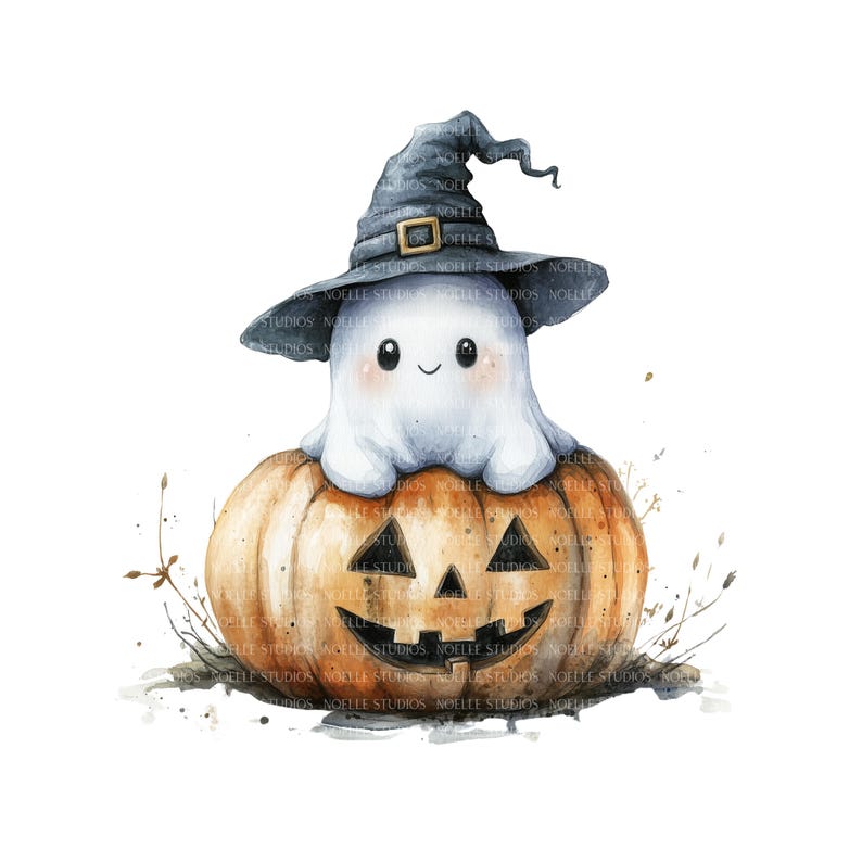 May include: Watercolor illustration of a cute ghost wearing a witch hat, sitting atop a carved pumpkin. The pumpkin is orange with a smiling face. The ghost is white with rosy cheeks. Halloween theme.