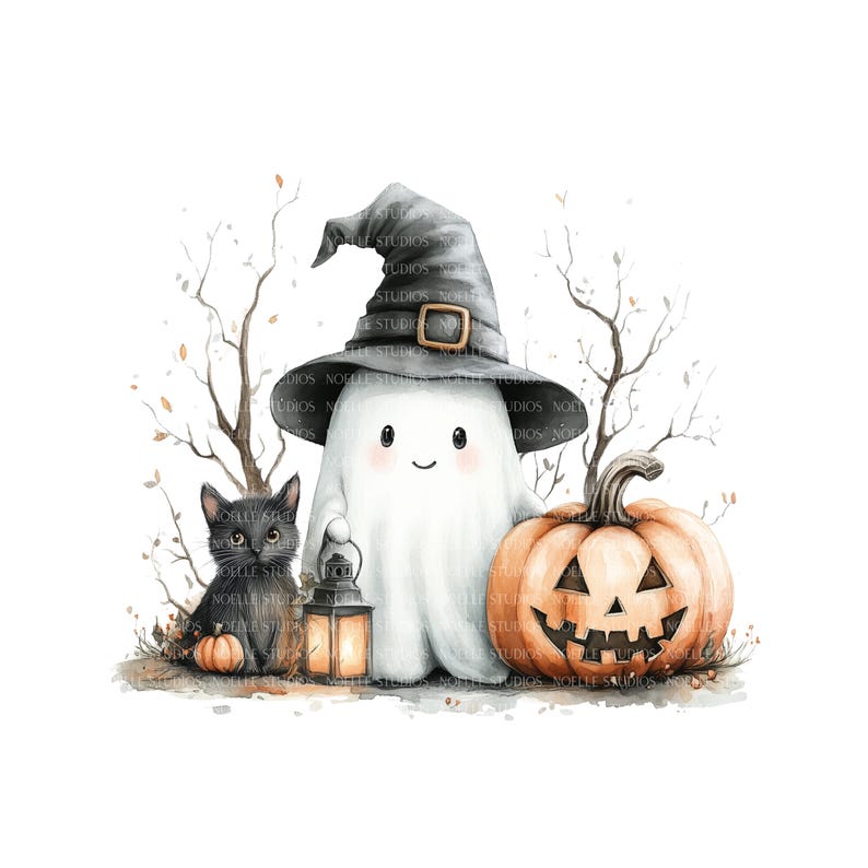 May include: Watercolor illustration of a friendly ghost wearing a witch hat, holding a lantern, and standing next to a black cat and a carved pumpkin. The image has a Halloween theme.